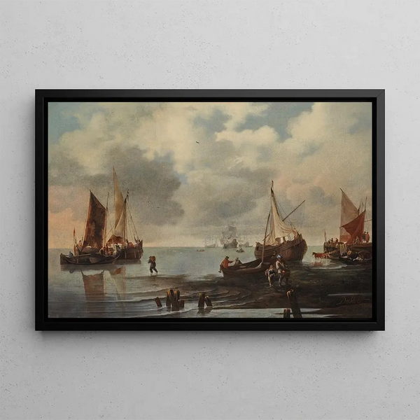 Calm painting with ships and fishermen along the shoreline - Hendrick Jacobsz Dubbels — framed artwork on a wall