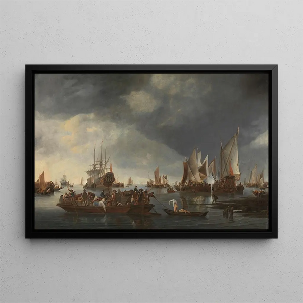 Port with sailboats and ferry - Hendrick Jacobsz Dubbels — framed artwork on a wall