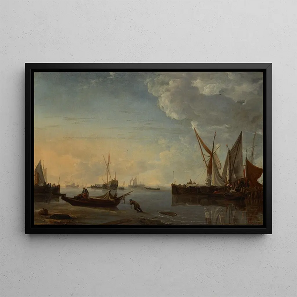 Calm Sunset Ships - Hendrick Jacobsz Dubbels — framed artwork on a wall