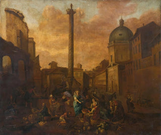 View of Amsterdam from a Roman market - Hendrick Mommers — artwork view