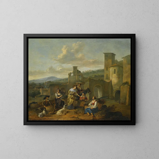 an Italian landscape with vegetable vendors - Hendrick Mommers — framed artwork on a wall
