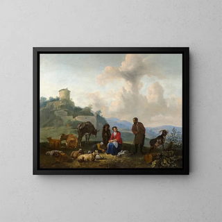 Family of shepherds at the foot of ancient ruins and Family of shepherds by a river - Hendrick Mommers — framed artwork on a wall