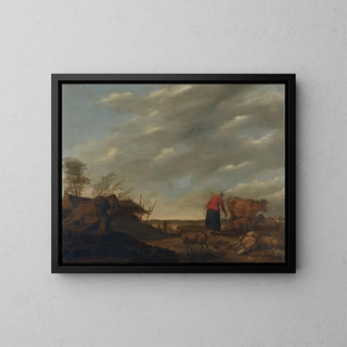 Landscape with a Milkmaid - Hendrick Mommers — framed artwork on a wall