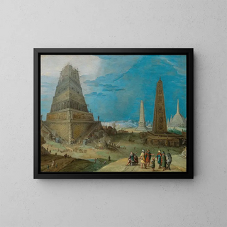 Nimrod overseeing the construction of the Tower of Babel - Hendrick van Cleve III — framed artwork on a wall