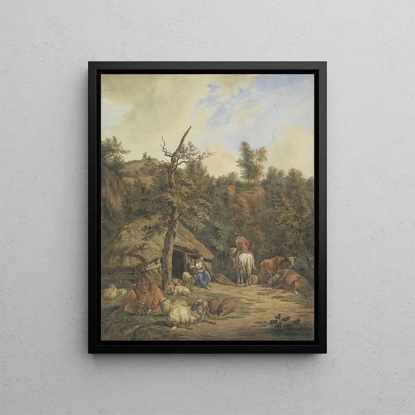 Berger, bergère et bétail se reposant devant une étable délabrée d'après Adriaen van de Velde - Hendrik Abraham Klinkhamer — framed artwork on a wall