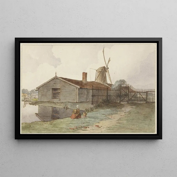 Mill with wooden buildings near Amsterdam - Hendrik Abraham Klinkhamer — framed artwork on a wall