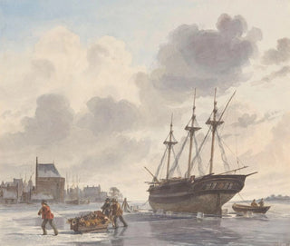 Boat in the ice on a river near a city - Hendrik Abraham Klinkhamer — artwork view