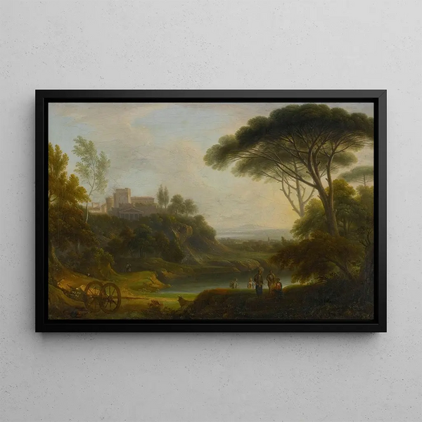 Italianate landscape painting with a villa on a promontory in the distance - Hendrik Frans van Lint — framed artwork on a wall