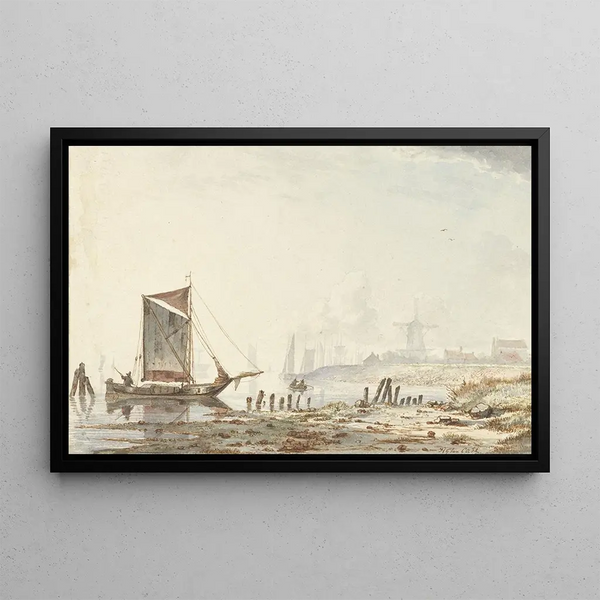 Bateaux sur une rivière près de la rive - Hendrik Gerrit ten Cate — framed artwork on a wall