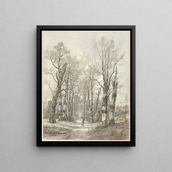 Winter landscape painting with a wood gatherer on a forest path - Hendrik Gerrit ten Cate — framed artwork on a wall