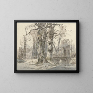 Winter landscape painting with a door between trees - Hendrik Gerrit ten Cate — framed artwork on a wall