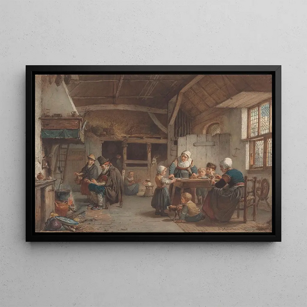 Interior rural scene, family in the kitchen - Hendrik Jacobus Scholten — framed artwork on a wall