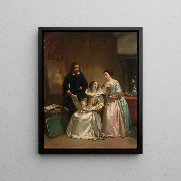 Gérard van Honthorst showing the sketches of his pupil Louise of Bohemia to Amalia van Solms - Hendrik Jacobus Scholten — framed artwork on a wall