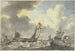 Stormy Sea, many ships are leaving, on the right a fishing boat pulls a net - Hendrik Kobell — artwork view