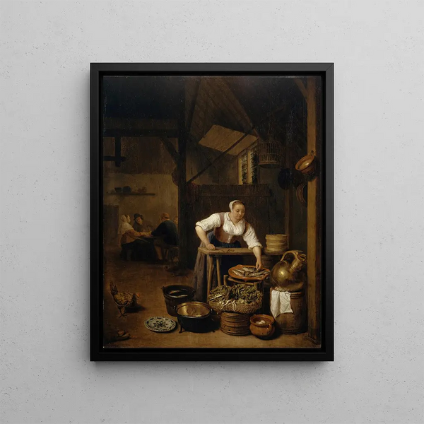 a Woman cleaning fish - Hendrik Martensz Sorgh — framed artwork on a wall