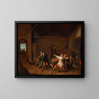 Environment of a brawl in a tavern - Hendrik Martensz Sorgh — framed artwork on a wall