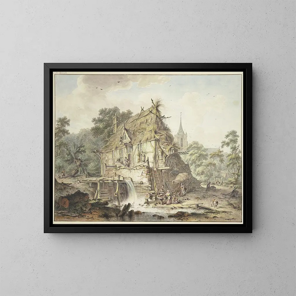 A watermill with numerous figures - Hendrik Meyer — framed artwork on a wall