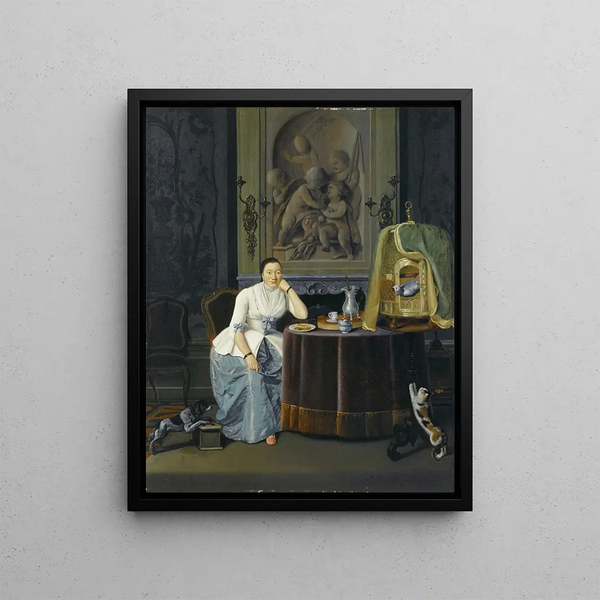 Interior painting with a lady sitting at a table - Hendrik Pothoven — framed artwork on a wall