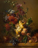Still life with dahlias, hollyhocks, and other flowers in a glass vase - Hendrik Reekers — artwork view