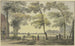 House under the trees with the door, a woman outside the fenced property, a car leaving - Hendrik Spilman — artwork view