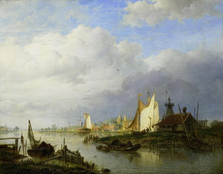 Boats on a river with a lighthouse of light - Hendrik Vettewinkel — artwork view