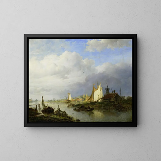 Boats on a river with a lighthouse of light - Hendrik Vettewinkel — framed artwork on a wall