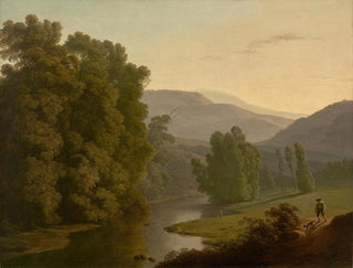 a landscape with figures near a river and mountains in the distance - Hendrik Voogd — artwork view