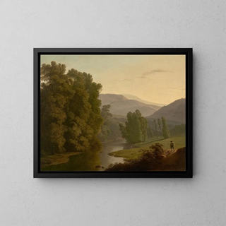 a landscape with figures near a river and mountains in the distance - Hendrik Voogd — framed artwork on a wall