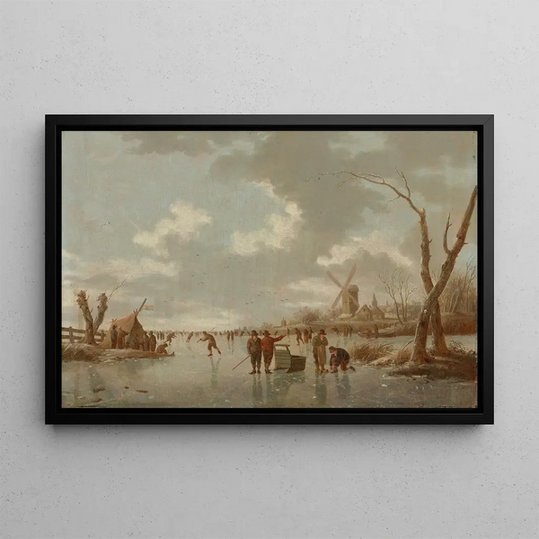 Winter scene with skaters on a frozen river - Hendrik Willem Schweickhardt — framed artwork on a wall