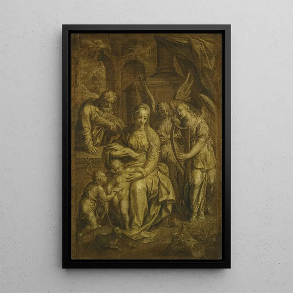 Holy Family with angels - Hendrik de Clerck — framed artwork on a wall