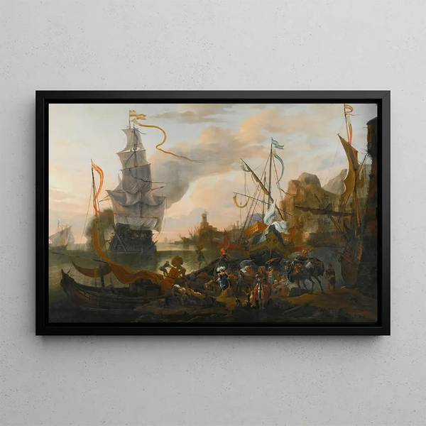 a Levantine port with a galley and a warship entering anchor with numerous figures on the shore - Hendrik van Minderhout — framed artwork on a wall
