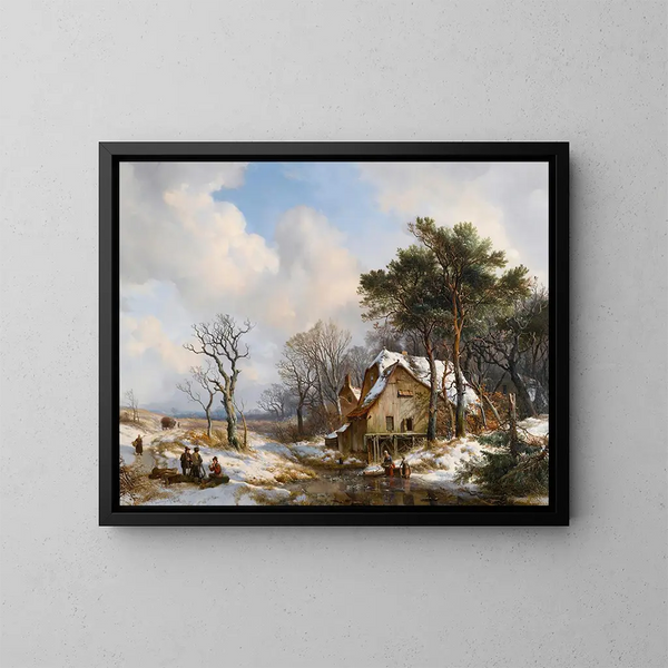 Skaters on a Frozen Stream near a Village - Hendrikus van de Sande Bakhuyzen — framed artwork on a wall