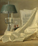 a Still life with a bouillette lamp, a sheet music, a violin or a cittern, and a white satin fabric on a stone ledge - Henri-Horace Roland Delaporte — artwork view