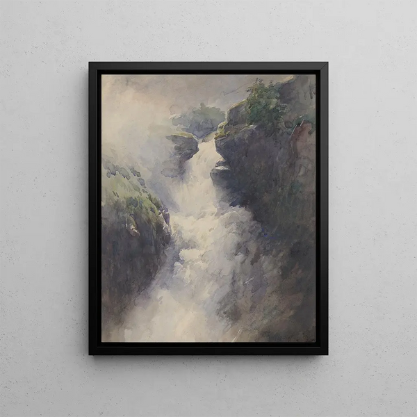 a waterfall in the mountains - Henri-Joseph Harpignies — framed artwork on a wall