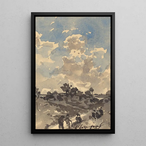 A landscape with figures walking along a path - Henri-Joseph Harpignies — framed artwork on a wall