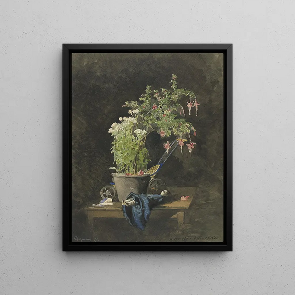 A potted fuchsia with children's toys - Henri-Joseph Harpignies — framed artwork on a wall