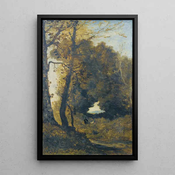 Hunter and his dog - Henri-Joseph Harpignies — framed artwork on a wall