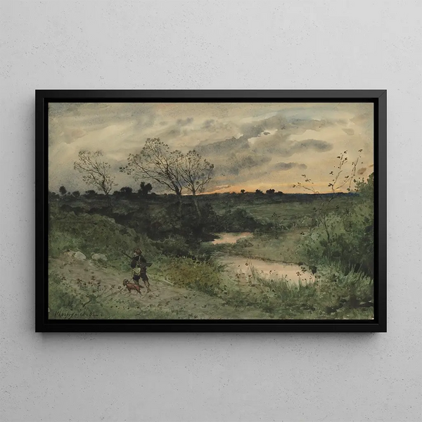 Hunting at dawn with dog - Henri-Joseph Harpignies — framed artwork on a wall
