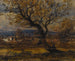 Study of a shrub in the background of some thatched cottages - Henri-Joseph Harpignies — artwork view