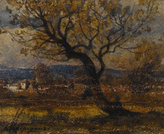 Study of a shrub in the background of some thatched cottages - Henri-Joseph Harpignies — artwork view