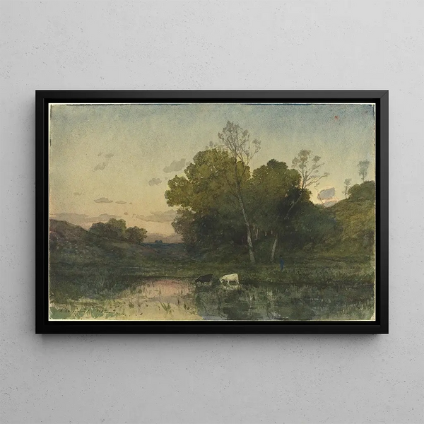 Evening Light on a wooded riverside with cattle drinking - Henri-Joseph Harpignies — framed artwork on a wall