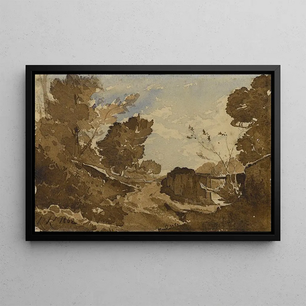 Fossé avec un petit pont - Henri-Joseph Harpignies — framed artwork on a wall