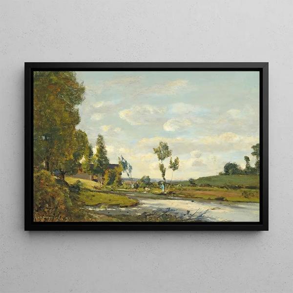 Lavandières au bord de la rivière - Henri-Joseph Harpignies — framed artwork on a wall