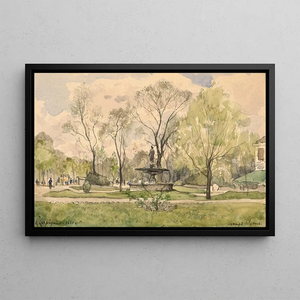 Jacques Hittorff's painting "Les jardins des Champs-Élysées avec la fontaine de Diane," Paris - Henri-Joseph Harpignies — framed artwork on a wall