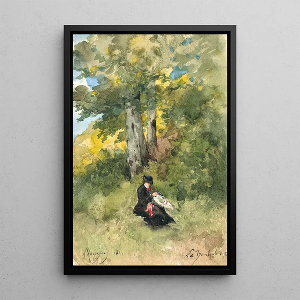 Marguerite cousant dans un paysage arboré - Henri-Joseph Harpignies — framed artwork on a wall