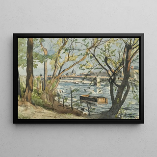 Vue de Paris sur la Seine avec le pont du Carrousel - Henri-Joseph Harpignies — framed artwork on a wall