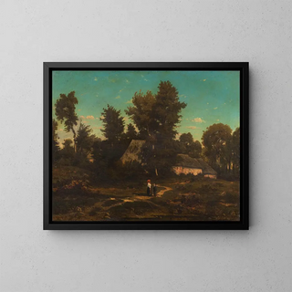 Landscape with thatched cottages - Henri-Joseph Harpignies — framed artwork on a wall