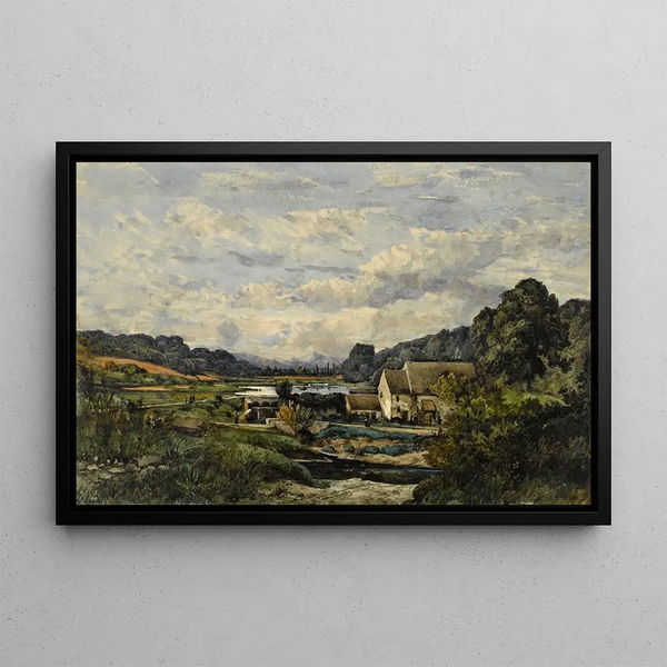 Landscape painting with a pond and some valleys - Henri-Joseph Harpignies — framed artwork on a wall
