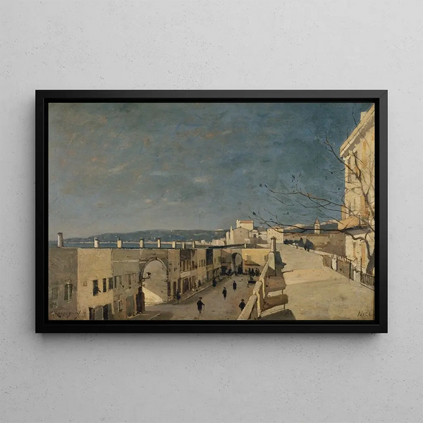 A quay in Nice, Les Ponchettes - Henri-Joseph Harpignies — framed artwork on a wall