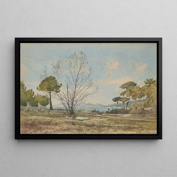 View of the Gulf of Juan-les-Pins near Antibes - Henri-Joseph Harpignies — framed artwork on a wall